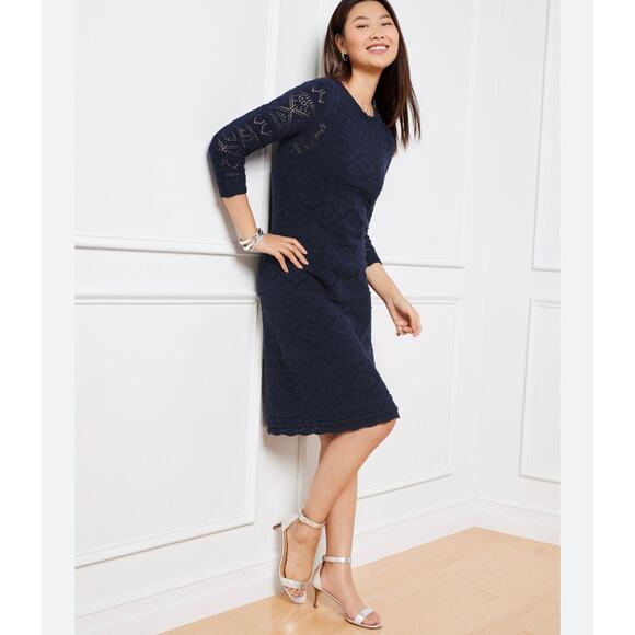 Talbots Navy Blue Crochet Knit Sweater Dress Size Medium Petite - Picture 1 of 9